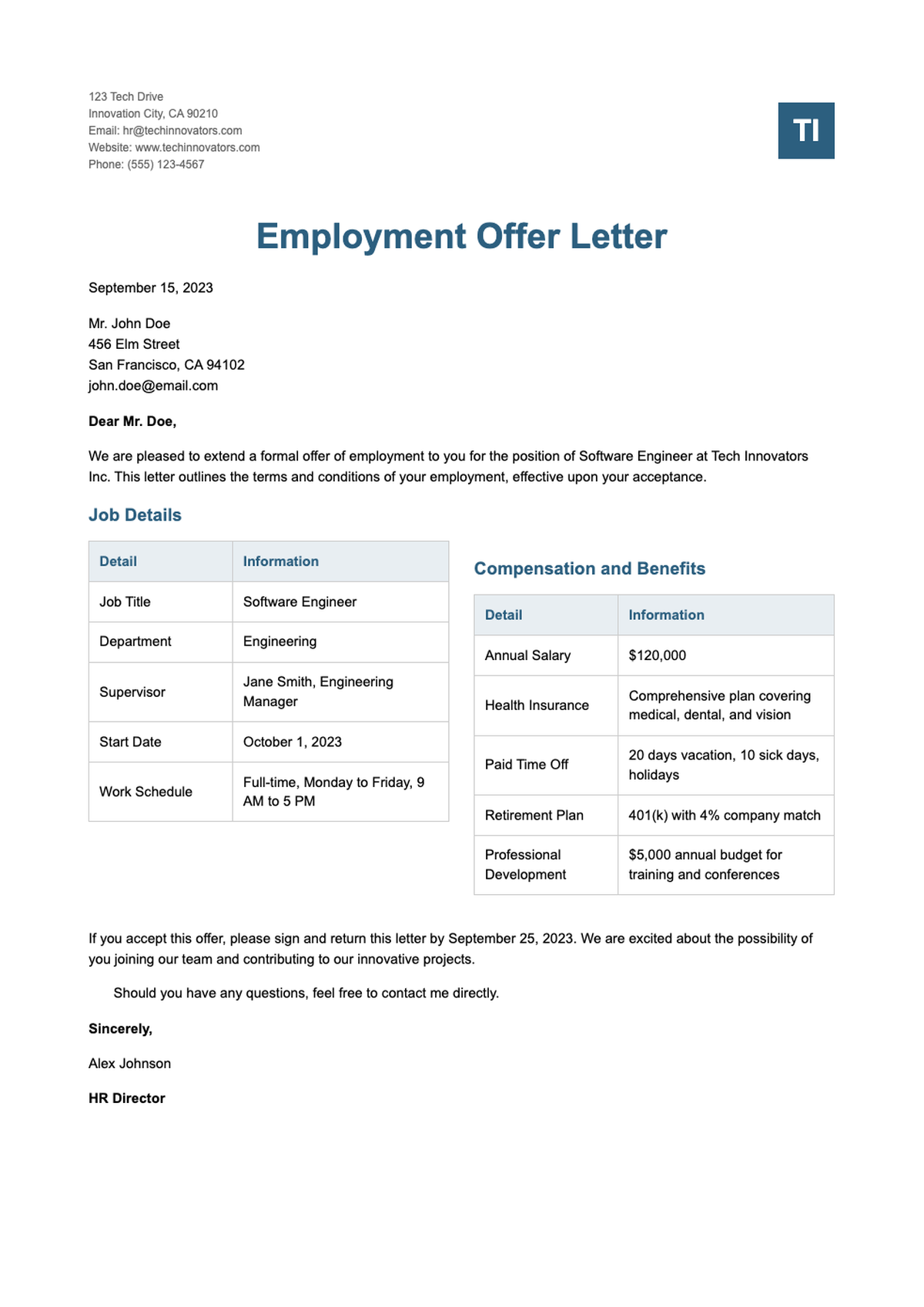 Australia job offer letter with compensation details and table format_variant_1